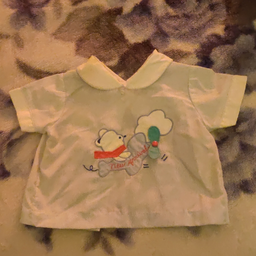 Petit Jouet Striped Adorable White and Blue Newborn Shirt with a Bear 🐻 on it.